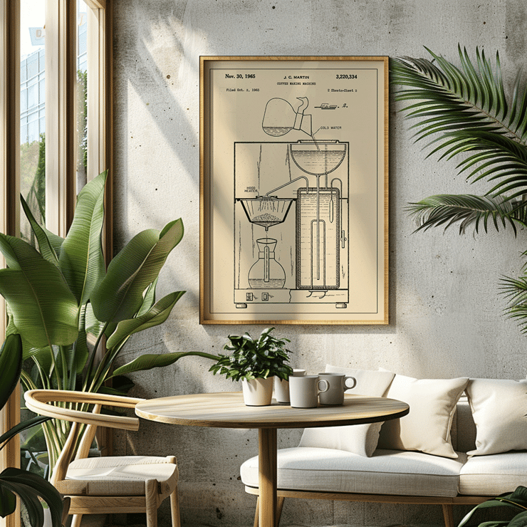 Vintage coffee making machine patent drawing by J.C. Martin titled Coffee Making Machine Poster featuring a technical drawing of a coffee making machine by J.C. Martin with detailed components and mechanisms labeled