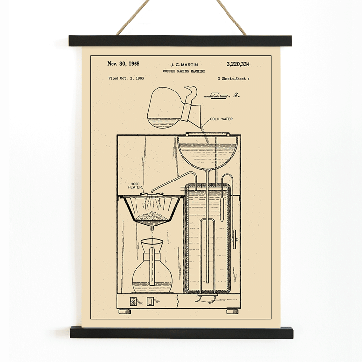 Vintage coffee making machine patent drawing by J.C. Martin titled Coffee Making Machine Poster featuring a technical drawing of a coffee making machine by J.C. Martin with detailed components and mechanisms labeled