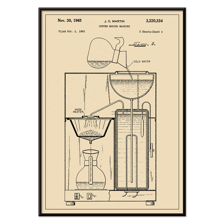 Vintage coffee making machine patent drawing by J.C. Martin titled Coffee Making Machine Poster featuring a technical drawing of a coffee making machine by J.C. Martin with detailed components and mechanisms labeled