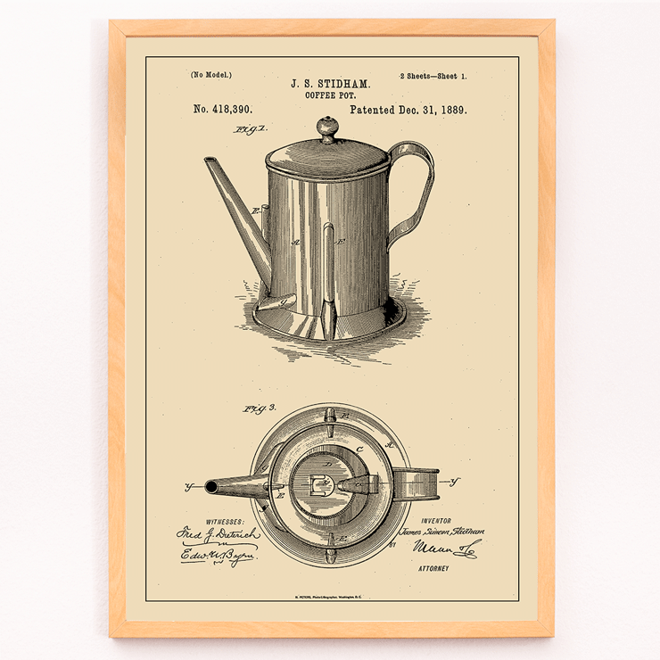 Illustration of Coffee-Pot by J.S. Stidham Poster displaying a patent illustration of a coffee pot titled Coffee-Pot by J.S. Stidham, featuring detailed designs and technical drawings
