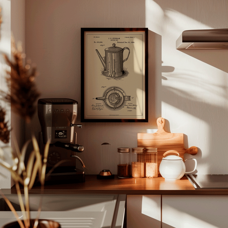 Illustration of Coffee-Pot by J.S. Stidham Poster displaying a patent illustration of a coffee pot titled Coffee-Pot by J.S. Stidham, featuring detailed designs and technical drawings