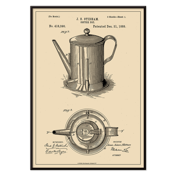 Illustration of Coffee-Pot by J.S. Stidham Poster displaying a patent illustration of a coffee pot titled Coffee-Pot by J.S. Stidham, featuring detailed designs and technical drawings
