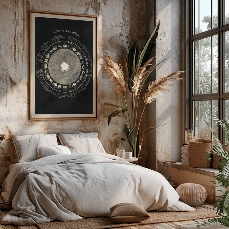 Astrologisches Diagramm mit Sternzeichen von Asa Smith mit dem Titel „Signs of the Zodiac“ Poster zeigt die Tierkreiszeichen mit künstlerischen Zeichnungen von Asa Smith mit dem Titel Zeichen des Tierkreises