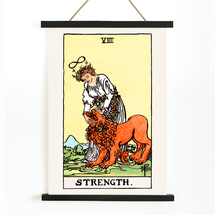 Tarot card Strength by Rider Waite depicting a woman calming a lion Poster featuring Tarot Strength by Rider Waite depicting a woman calming a lion with an infinity symbol above her head.