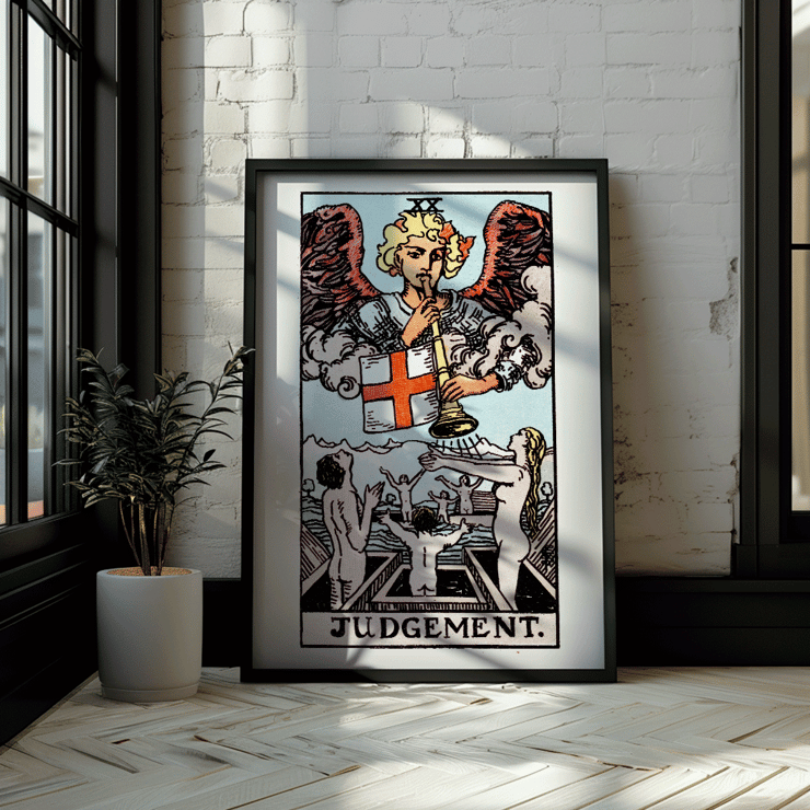 Judgement tarot card by Rider Waite featuring an angel blowing a horn with people rising from graves Poster featuring Tarot card Judgement by Rider Waite depicting an angel with a trumpet and people rising from coffins.