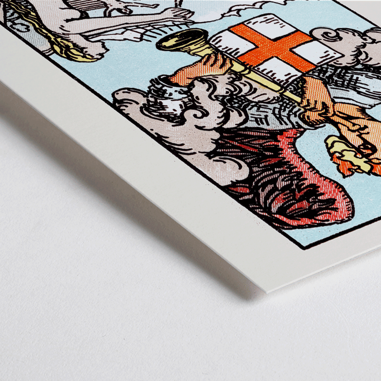Judgement tarot card by Rider Waite featuring an angel blowing a horn with people rising from graves Poster featuring Tarot card Judgement by Rider Waite depicting an angel with a trumpet and people rising from coffins.