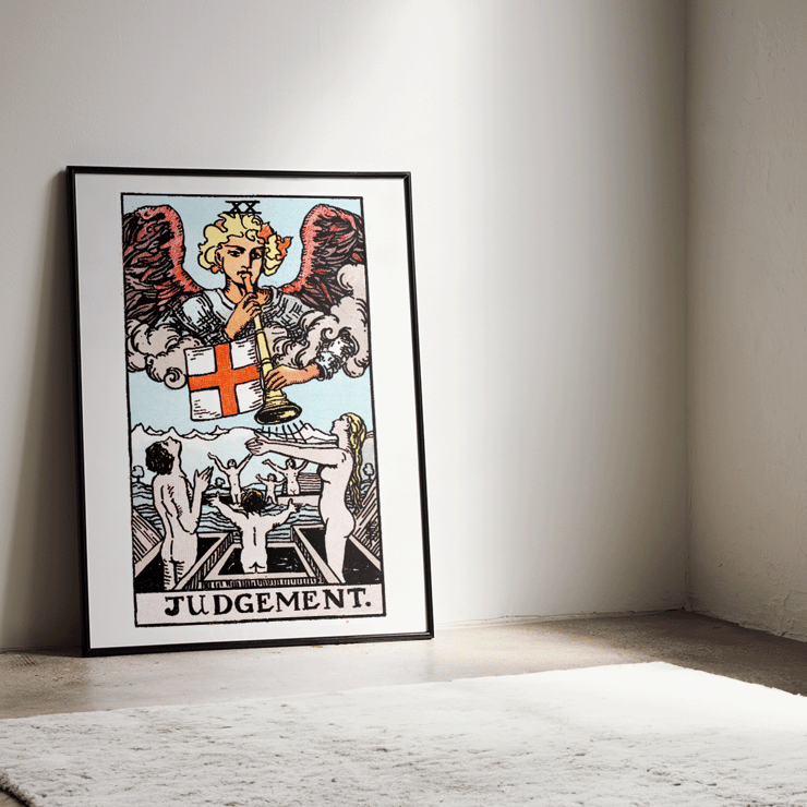 Judgement tarot card by Rider Waite featuring an angel blowing a horn with people rising from graves Poster featuring Tarot card Judgement by Rider Waite depicting an angel with a trumpet and people rising from coffins.