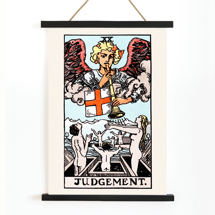 Judgement tarot card by Rider Waite featuring an angel blowing a horn with people rising from graves Poster featuring Tarot card Judgement by Rider Waite depicting an angel with a trumpet and people rising from coffins.