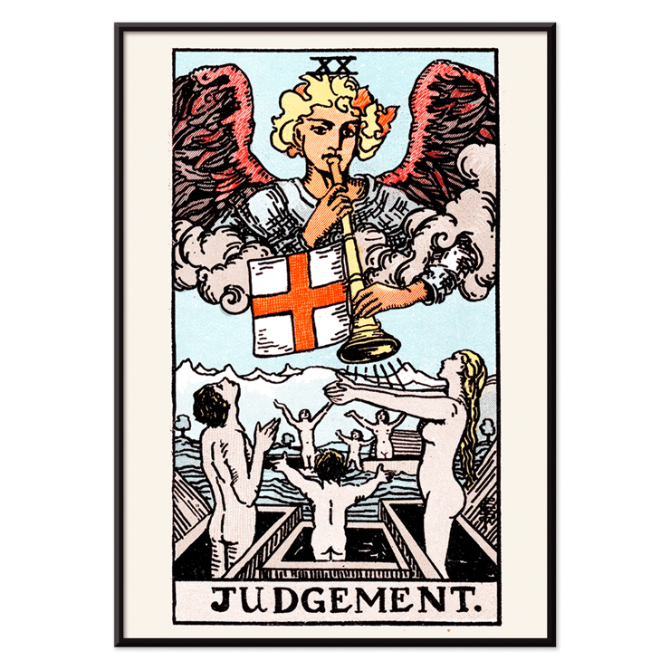 Judgement tarot card by Rider Waite featuring an angel blowing a horn with people rising from graves Poster featuring Tarot card Judgement by Rider Waite depicting an angel with a trumpet and people rising from coffins.