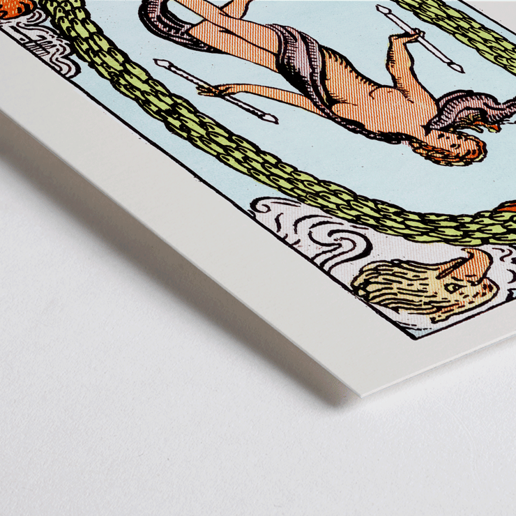 The World Tarot card by Rider Waite featuring a central figure within an oval wreath Poster of Tarot The World by Rider Waite depicting a central figure within an oval wreath surrounded by four figures representing the fixed signs