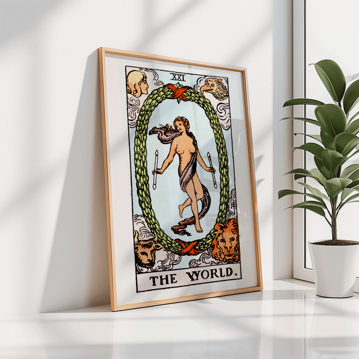 The World Tarot card by Rider Waite featuring a central figure within an oval wreath Poster of Tarot The World by Rider Waite depicting a central figure within an oval wreath surrounded by four figures representing the fixed signs
