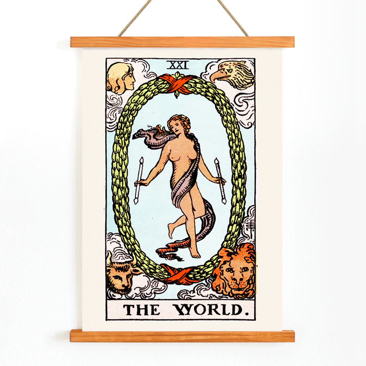 The World Tarot card by Rider Waite featuring a central figure within an oval wreath Poster of Tarot The World by Rider Waite depicting a central figure within an oval wreath surrounded by four figures representing the fixed signs