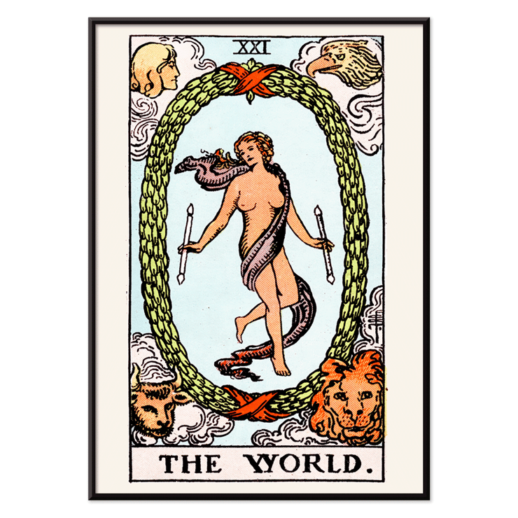 The World Tarot card by Rider Waite featuring a central figure within an oval wreath Poster of Tarot The World by Rider Waite depicting a central figure within an oval wreath surrounded by four figures representing the fixed signs