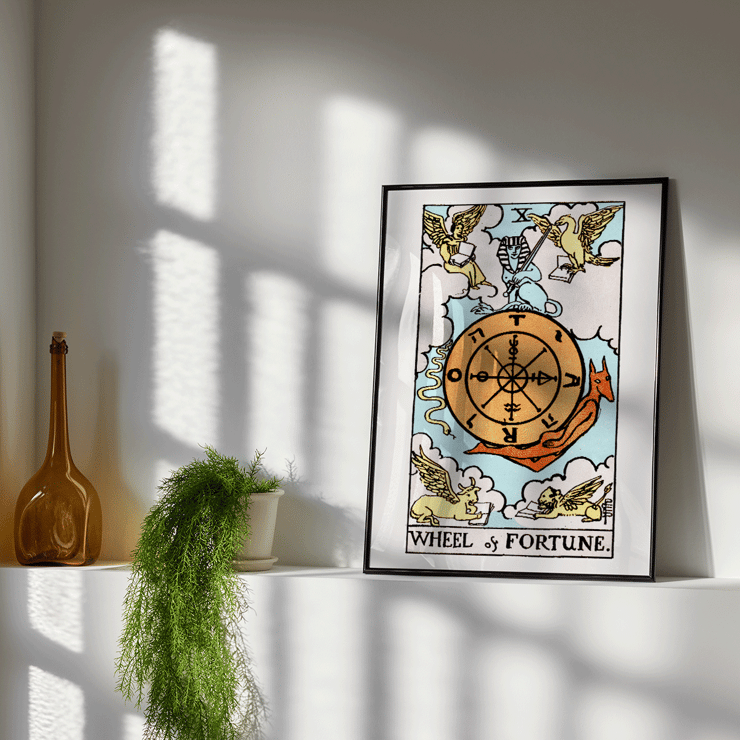 Tarot card The Wheel Of Fortune by Rider Waite featuring a symbolic wheel surrounded by mystical creatures Poster depicting the artwork Tarot - The Wheel Of Fortune by Rider Waite featuring a mystical wheel surrounded by mythical creatures