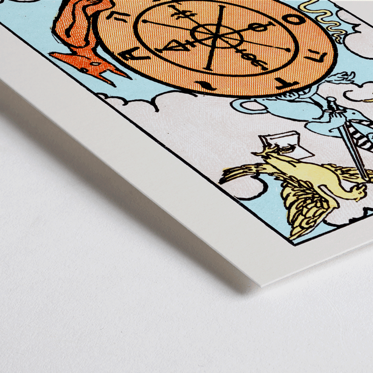 Tarot card The Wheel Of Fortune by Rider Waite featuring a symbolic wheel surrounded by mystical creatures Poster depicting the artwork Tarot - The Wheel Of Fortune by Rider Waite featuring a mystical wheel surrounded by mythical creatures