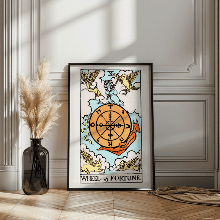 Tarot card The Wheel Of Fortune by Rider Waite featuring a symbolic wheel surrounded by mystical creatures Poster depicting the artwork Tarot - The Wheel Of Fortune by Rider Waite featuring a mystical wheel surrounded by mythical creatures