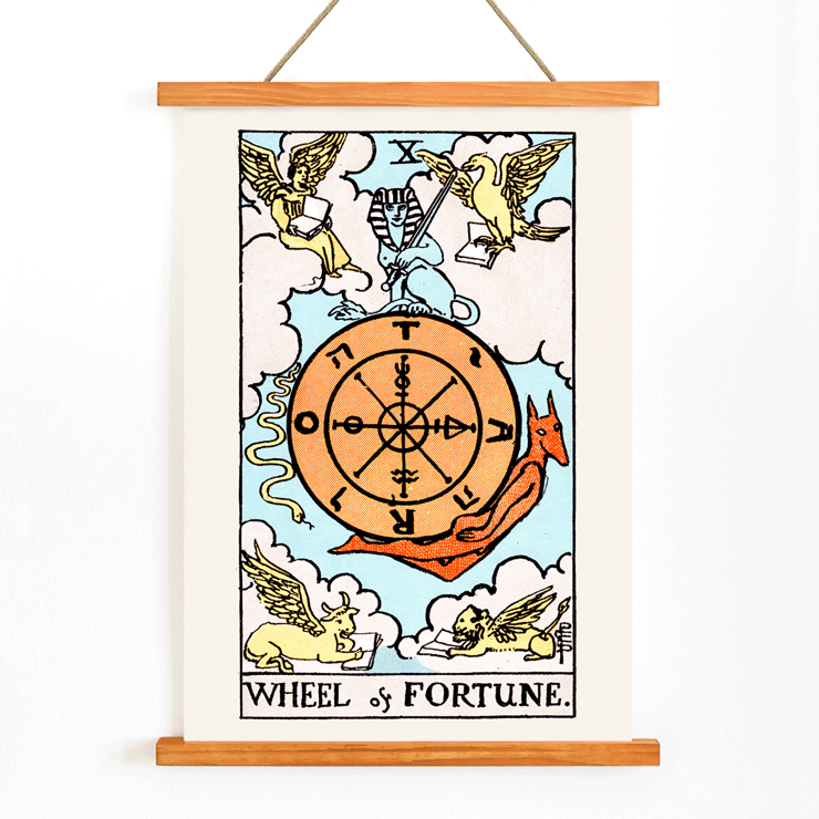 Tarot card The Wheel Of Fortune by Rider Waite featuring a symbolic wheel surrounded by mystical creatures Poster depicting the artwork Tarot - The Wheel Of Fortune by Rider Waite featuring a mystical wheel surrounded by mythical creatures
