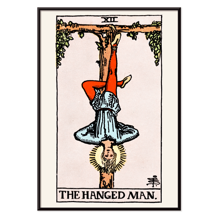 The Hanged Man tarot card by Rider Waite featuring a figure suspended upside-down from a wooden post. Poster depicting Tarot - The Hanged Man by Rider Waite showing a man hanging upside down by one leg from a wooden structure