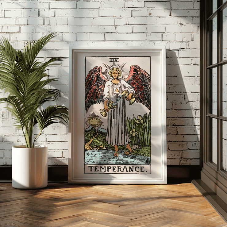 Illustration of an angel in the Temperance tarot card by Rider Waite Poster of Tarot card titled Tarot - Temperance by Rider Waite featuring an angel with wings pouring liquid between two cups.