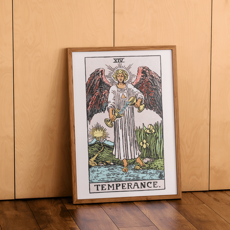 Illustration of an angel in the Temperance tarot card by Rider Waite Poster of Tarot card titled Tarot - Temperance by Rider Waite featuring an angel with wings pouring liquid between two cups.