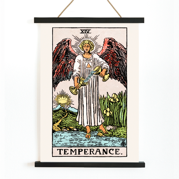 Illustration of an angel in the Temperance tarot card by Rider Waite Poster of Tarot card titled Tarot - Temperance by Rider Waite featuring an angel with wings pouring liquid between two cups.