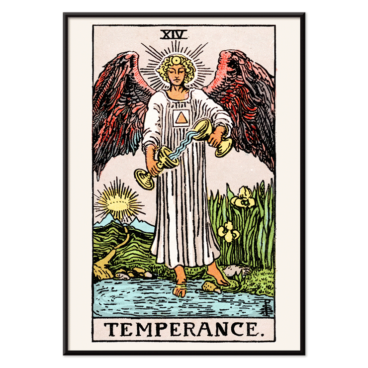 Illustration of an angel in the Temperance tarot card by Rider Waite Poster of Tarot card titled Tarot - Temperance by Rider Waite featuring an angel with wings pouring liquid between two cups.