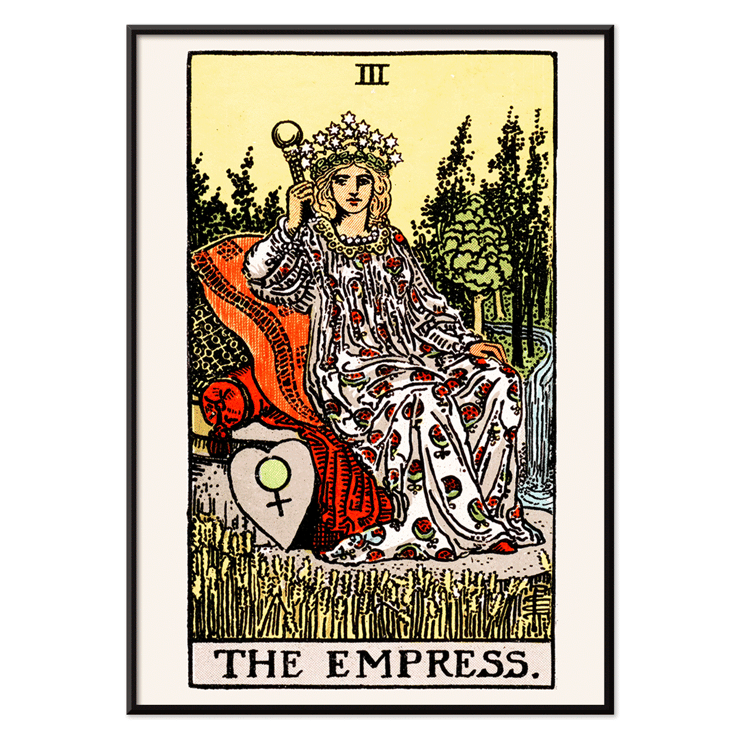 Colorful Tarot card The Empress by Rider Waite featuring a crowned woman sitting on a throne in a lush natural setting. Poster of Tarot - The Empress by Rider Waite showing a woman seated on a throne with a crown of stars, holding a scepter.
