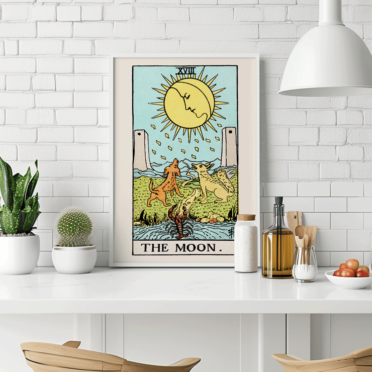 Tarot The Moon by Rider Waite featuring celestial moon two towers two dogs and a crayfish in a mystical landscape Poster featuring the artwork Tarot - The Moon by Rider Waite showing a scene with two dogs, a moon, and a crayfish in a mystical landscape