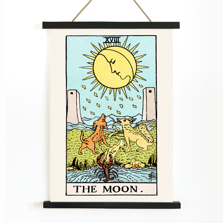 Tarot The Moon by Rider Waite featuring celestial moon two towers two dogs and a crayfish in a mystical landscape Poster featuring the artwork Tarot - The Moon by Rider Waite showing a scene with two dogs, a moon, and a crayfish in a mystical landscape