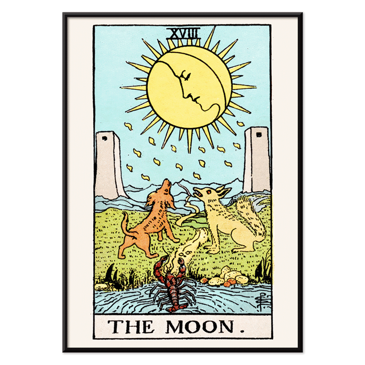 Tarot The Moon by Rider Waite featuring celestial moon two towers two dogs and a crayfish in a mystical landscape Poster featuring the artwork Tarot - The Moon by Rider Waite showing a scene with two dogs, a moon, and a crayfish in a mystical landscape