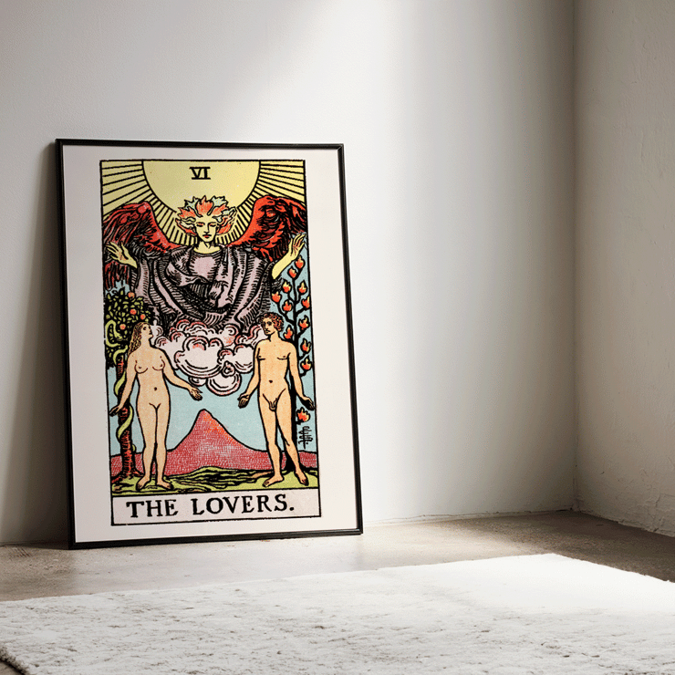 Illustration of The Lovers card by Rider Waite from Tarot deck Poster of Tarot card The Lovers by Rider Waite depicting a winged angel above a man and woman standing in a garden.