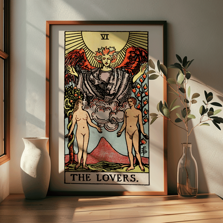 Illustration of The Lovers card by Rider Waite from Tarot deck Poster of Tarot card The Lovers by Rider Waite depicting a winged angel above a man and woman standing in a garden.