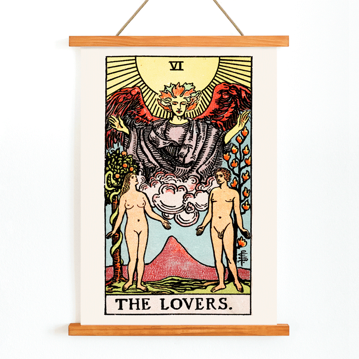 Illustration of The Lovers card by Rider Waite from Tarot deck Poster of Tarot card The Lovers by Rider Waite depicting a winged angel above a man and woman standing in a garden.