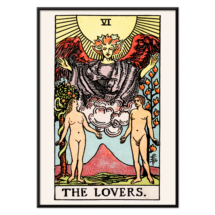 Illustration of The Lovers card by Rider Waite from Tarot deck Poster of Tarot card The Lovers by Rider Waite depicting a winged angel above a man and woman standing in a garden.