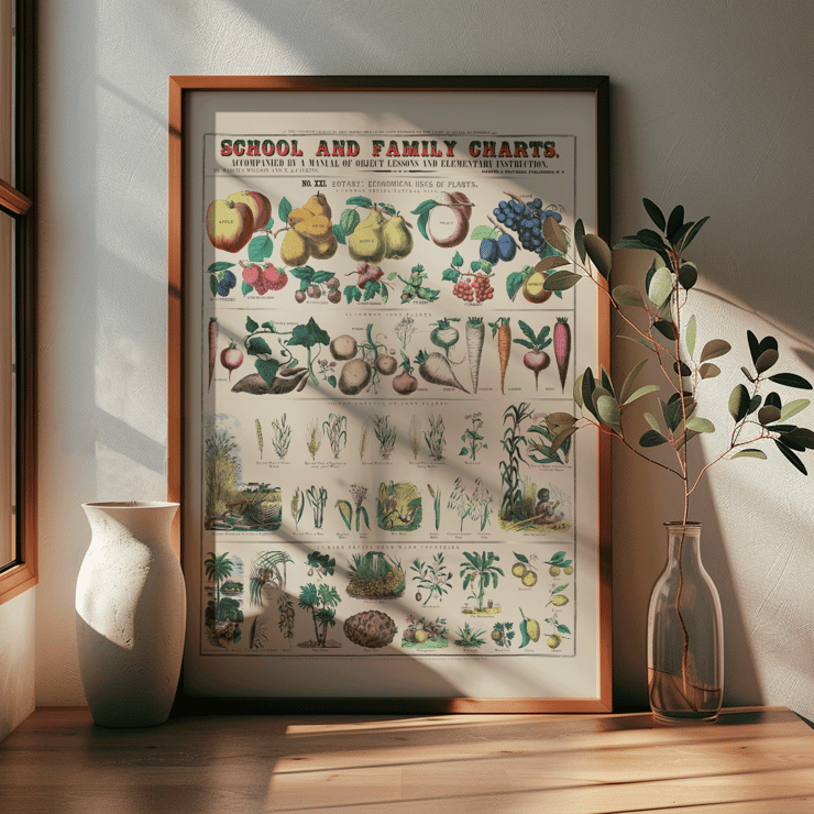 Framed botanical chart illustrating the economical use of plants by Marcius Willson. Botanical chart: Economical use of plants by Marcius Willson with illustrations of fruits vegetables and plants poster