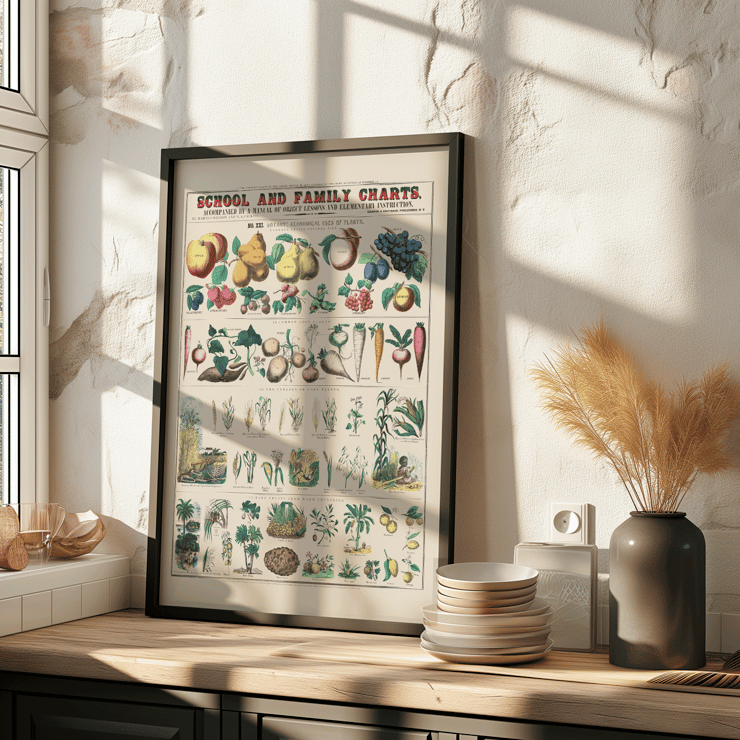 Framed botanical chart illustrating the economical use of plants by Marcius Willson. Botanical chart: Economical use of plants by Marcius Willson with illustrations of fruits vegetables and plants poster