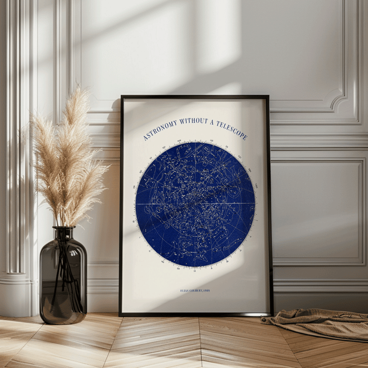 Star map illustration of constellations Astronomy without a Telescope by Elias Colbert Poster displaying star chart titled Astronomy without a telescope by Elias Colbert featuring celestial constellations in blue.