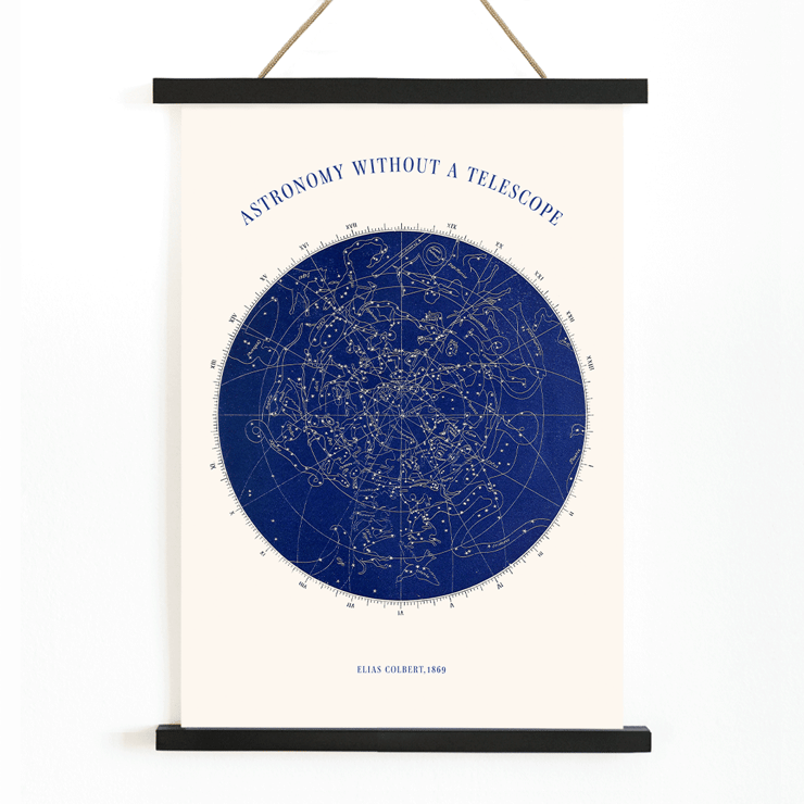 Star map illustration of constellations Astronomy without a Telescope by Elias Colbert Poster displaying star chart titled Astronomy without a telescope by Elias Colbert featuring celestial constellations in blue.