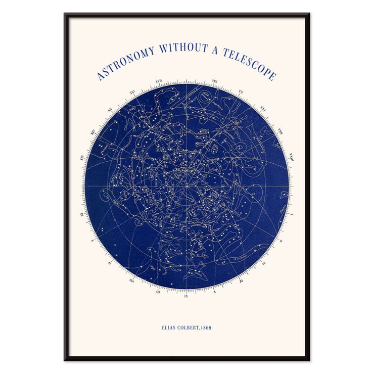 Star map illustration of constellations Astronomy without a Telescope by Elias Colbert Poster displaying star chart titled Astronomy without a telescope by Elias Colbert featuring celestial constellations in blue.
