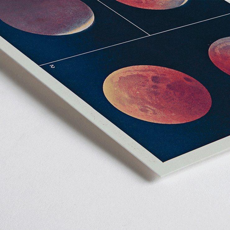 Illustration of lunar color variations during eclipses from Colorations variées de la Lune by Alphonse Berget. Poster of various lunar colors during eclipses titled Colorations variées de la Lune by Alphonse Berget.
