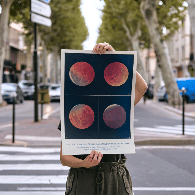 Illustration of lunar color variations during eclipses from Colorations variées de la Lune by Alphonse Berget. Poster of various lunar colors during eclipses titled Colorations variées de la Lune by Alphonse Berget.