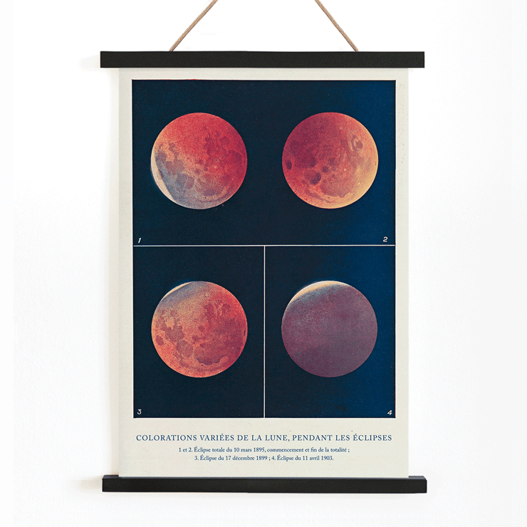 Illustration of lunar color variations during eclipses from Colorations variées de la Lune by Alphonse Berget. Poster of various lunar colors during eclipses titled Colorations variées de la Lune by Alphonse Berget.