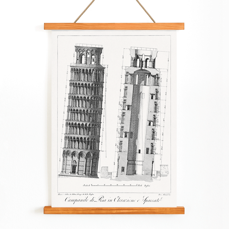 Illustration of the Campanile di Pisa by G.L. Taylor. Poster of architectural drawing of the Leaning Tower of Pisa titled Campanile di Pisa by G.L. Taylor featuring elevations and section views.