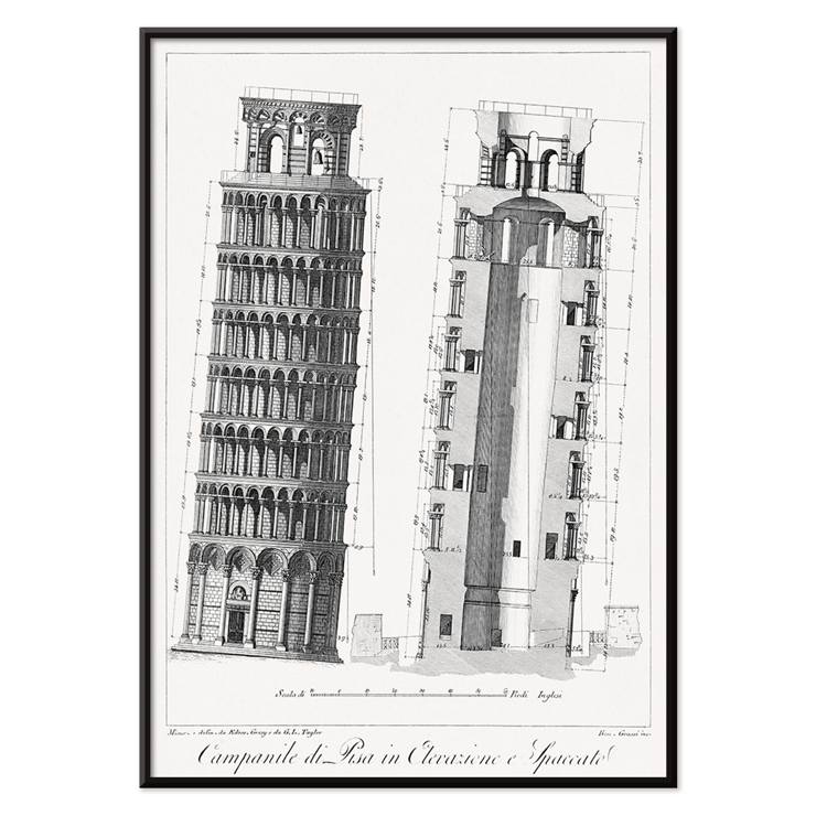 Illustration of the Campanile di Pisa by G.L. Taylor. Poster of architectural drawing of the Leaning Tower of Pisa titled Campanile di Pisa by G.L. Taylor featuring elevations and section views.