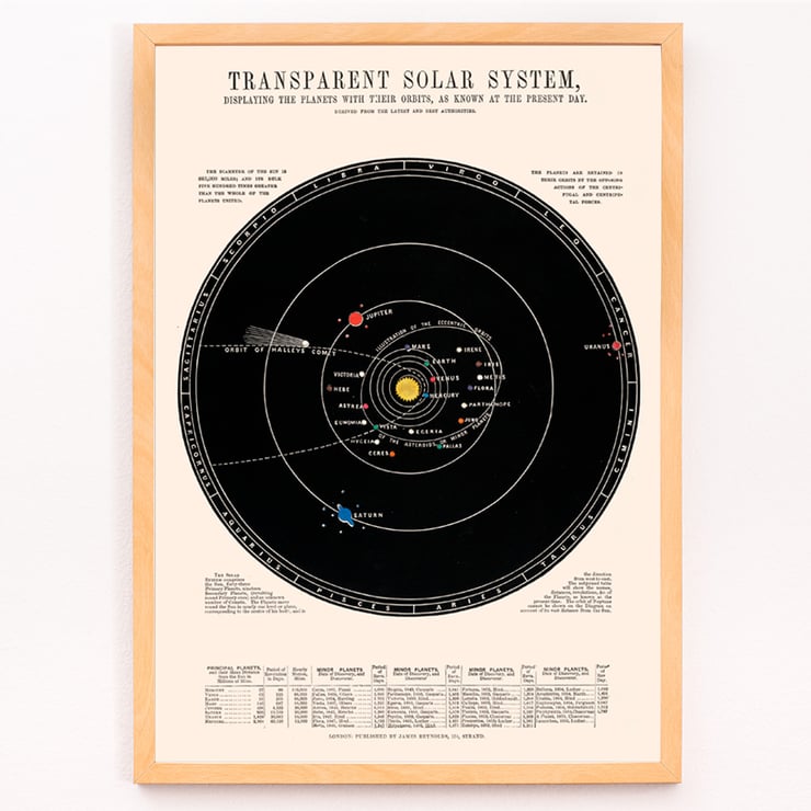 Transparent Solar System by James Reynolds vintage astronomical diagram featuring planetary orbits and celestial bodies Poster titled Transparent Solar System by James Reynolds depicting planetary orbits and comet paths in vintage style.