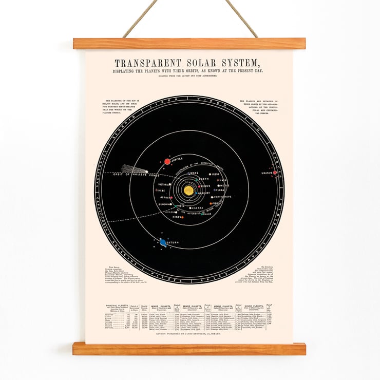 Transparent Solar System by James Reynolds vintage astronomical diagram featuring planetary orbits and celestial bodies Poster titled Transparent Solar System by James Reynolds depicting planetary orbits and comet paths in vintage style.