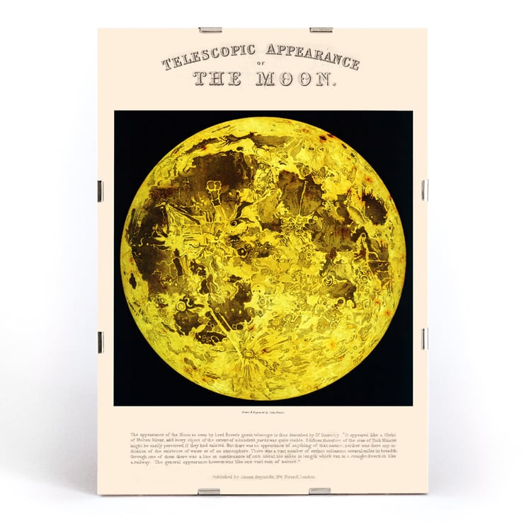 Telescopic appearance of the Moon by James Reynolds features a detailed lunar illustration. Poster of the Moon with detailed illustration by James Reynolds titled Telescopic Appearance of the Moon.