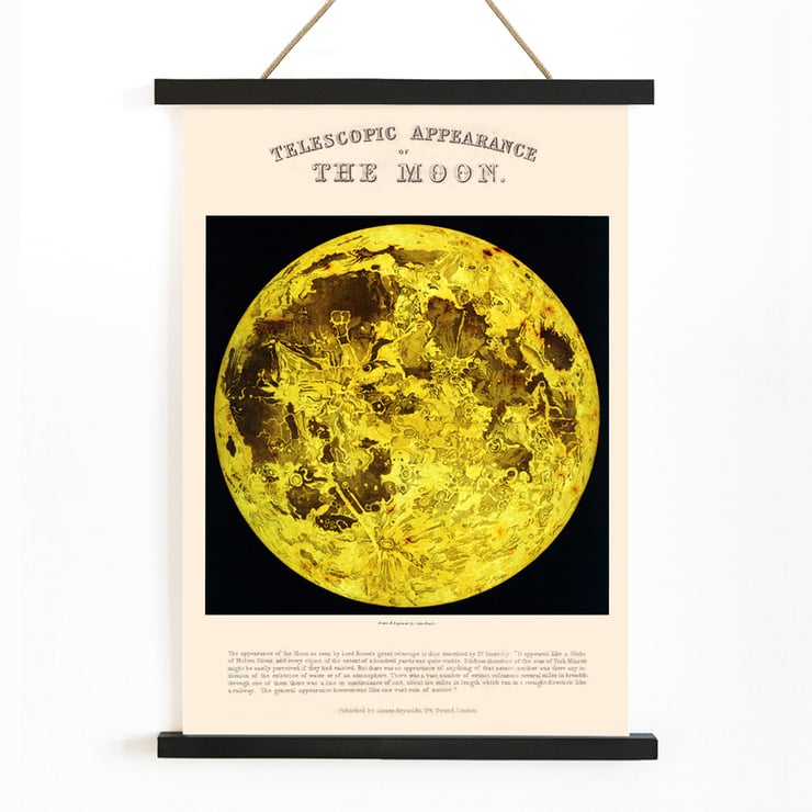 Telescopic appearance of the Moon by James Reynolds features a detailed lunar illustration. Poster of the Moon with detailed illustration by James Reynolds titled Telescopic Appearance of the Moon.