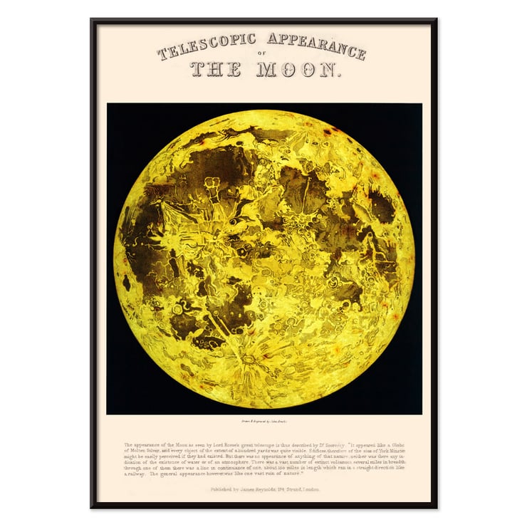 Telescopic appearance of the Moon by James Reynolds features a detailed lunar illustration. Poster of the Moon with detailed illustration by James Reynolds titled Telescopic Appearance of the Moon.