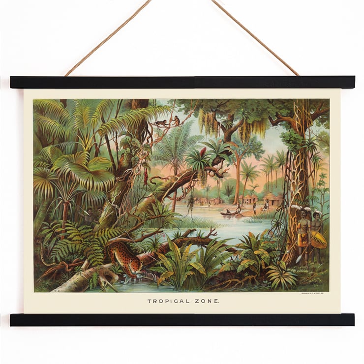 Tropical Zone by Levi Walter Yaggy depicting vibrant jungle scene with wildlife and people near a river. Poster of a vibrant jungle scene with wildlife and people by Levi Walter Yaggy titled Tropical Zone.